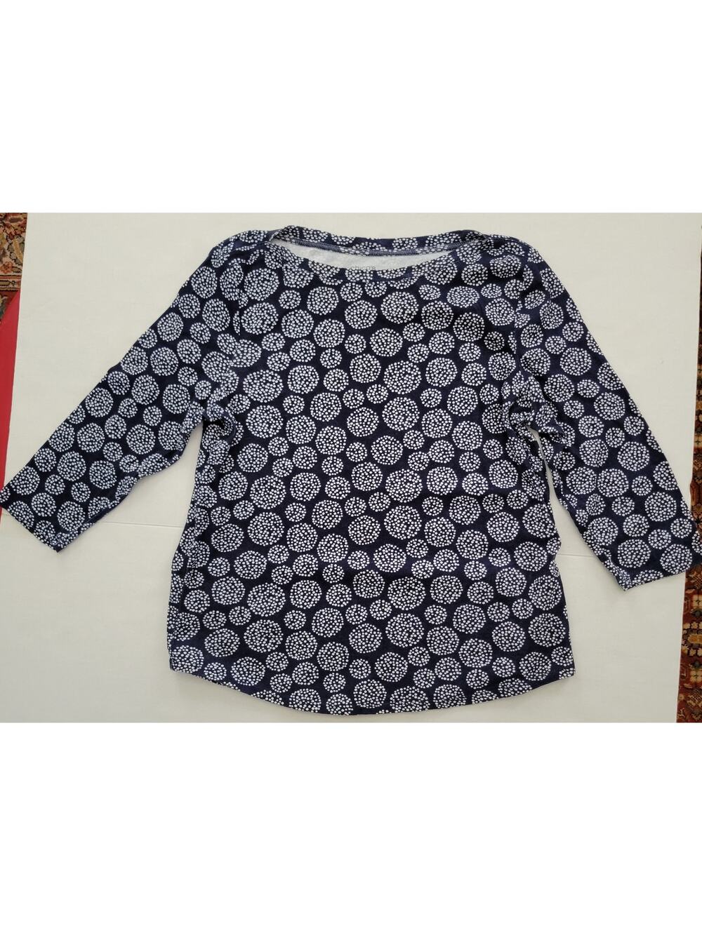 Chico's Navy White Abstract Dot Cluster 3/4 Sleves Cotton Top - Size 2 (US 12)